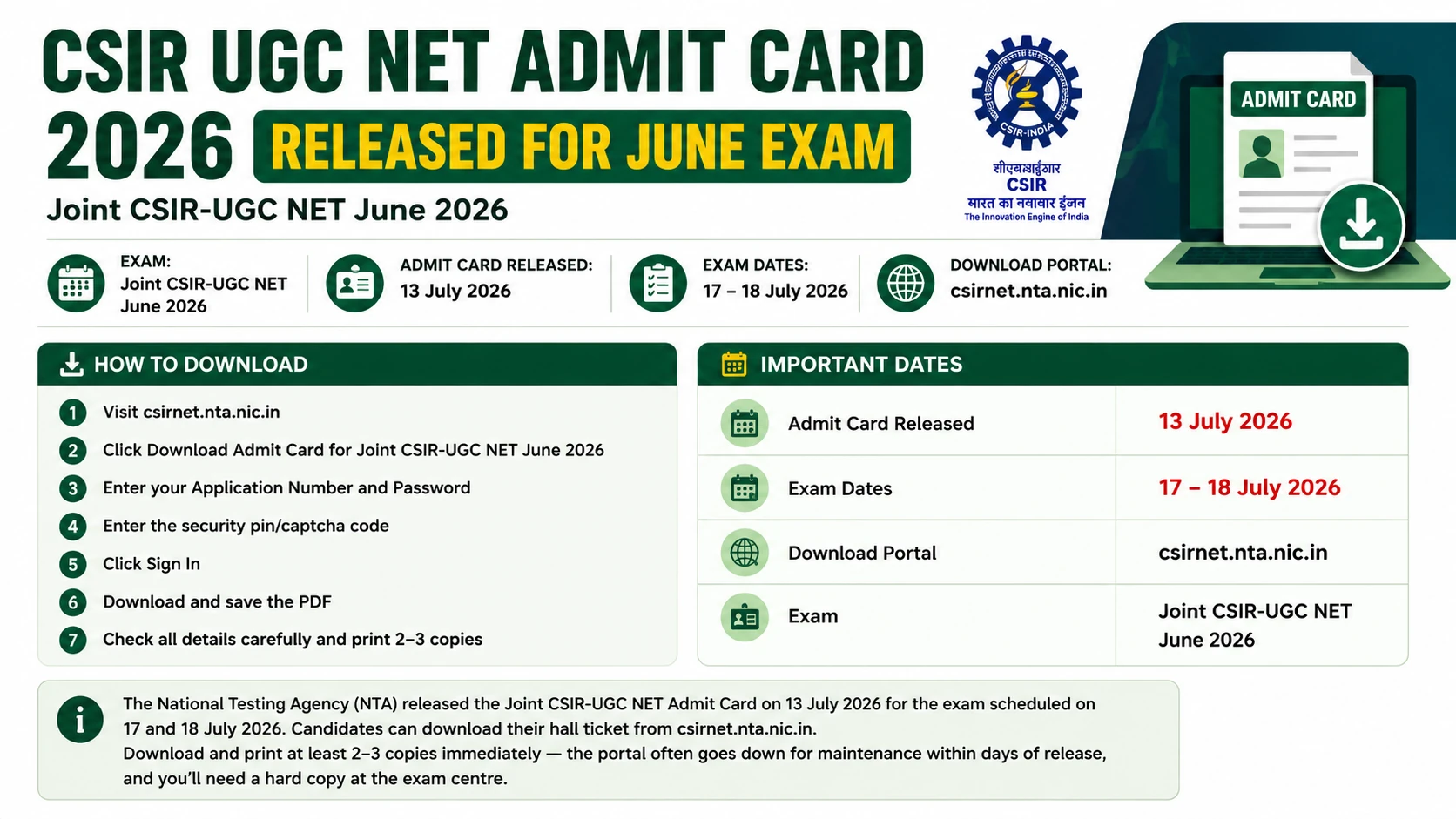 CSIR UGC NET Admit Card 2026 Released for June Exam